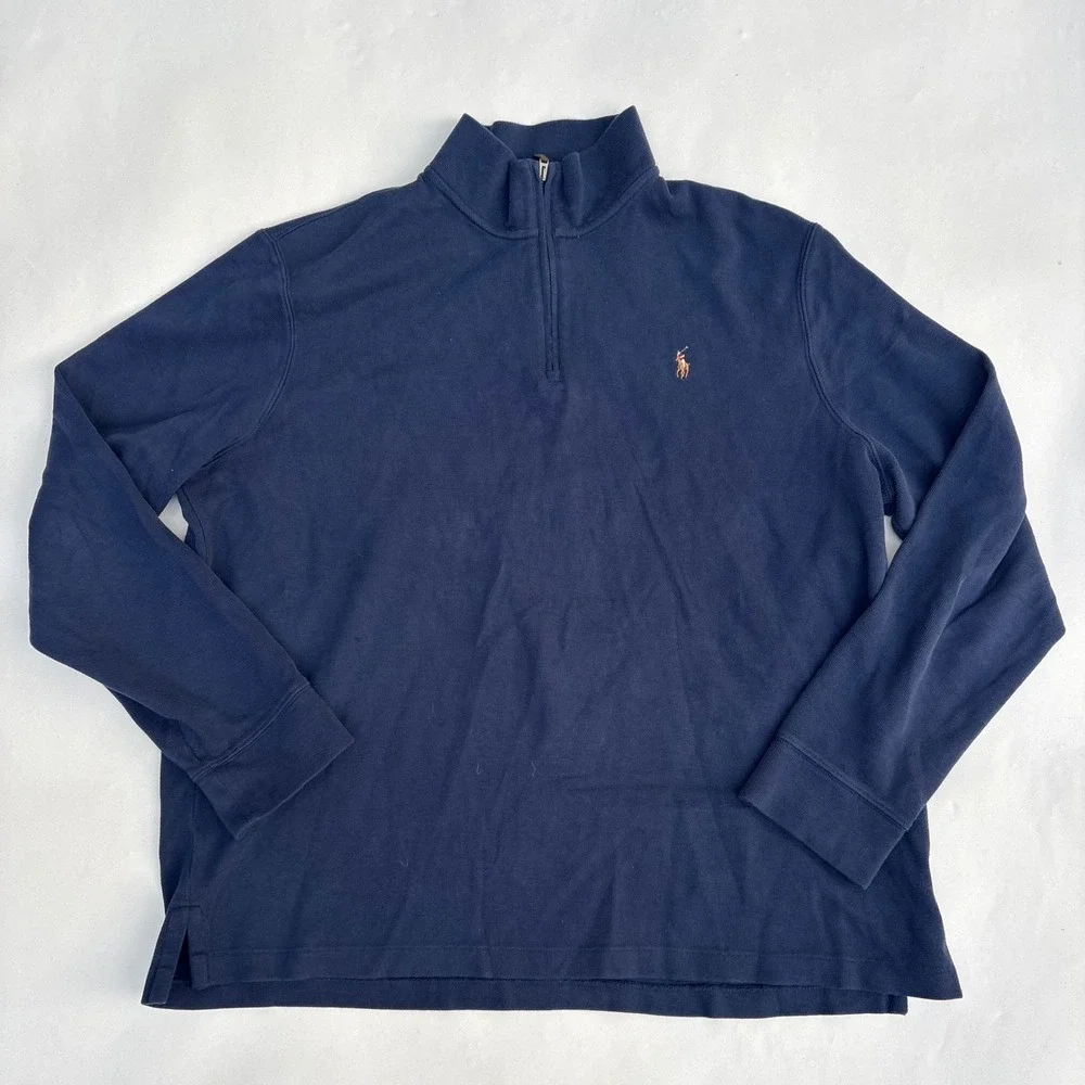 Polo Ralph Lauren Mens XL Estate Rib Quarter Zip Pullover Navy Blue Cotton Logo